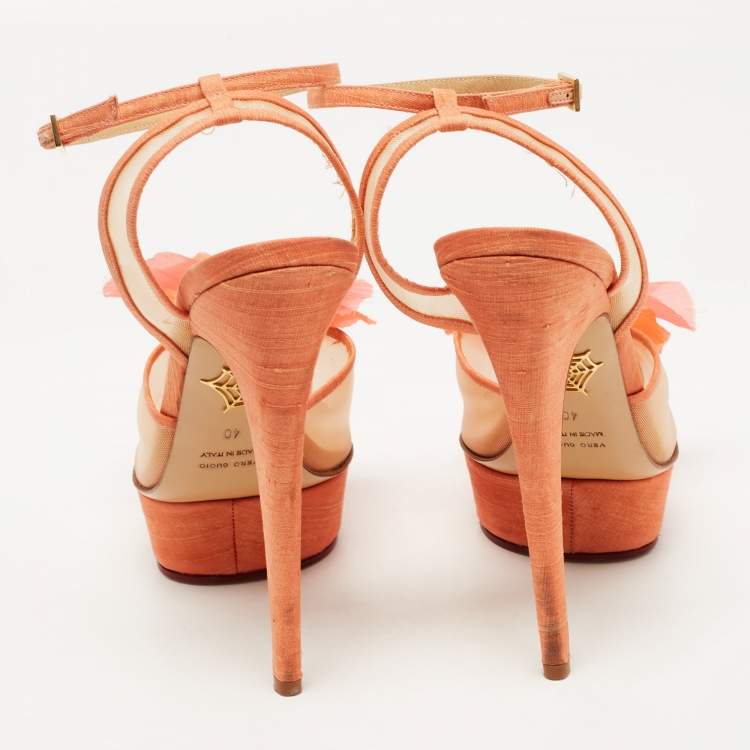 Pre Owned Charlotte Olympia Pink Canvas And Mesh Flower Platform Sandals Size 40
