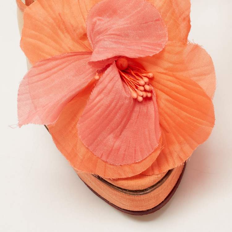 Pre Owned Charlotte Olympia Pink Canvas And Mesh Flower Platform Sandals Size 40