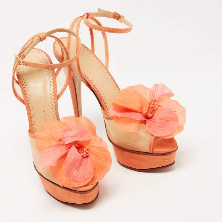 Pre Owned Charlotte Olympia Pink Canvas And Mesh Flower Platform Sandals Size 40