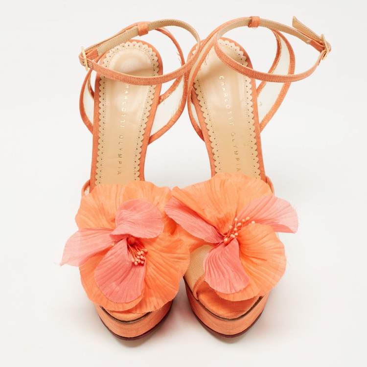 Pre Owned Charlotte Olympia Pink Canvas And Mesh Flower Platform Sandals Size 40