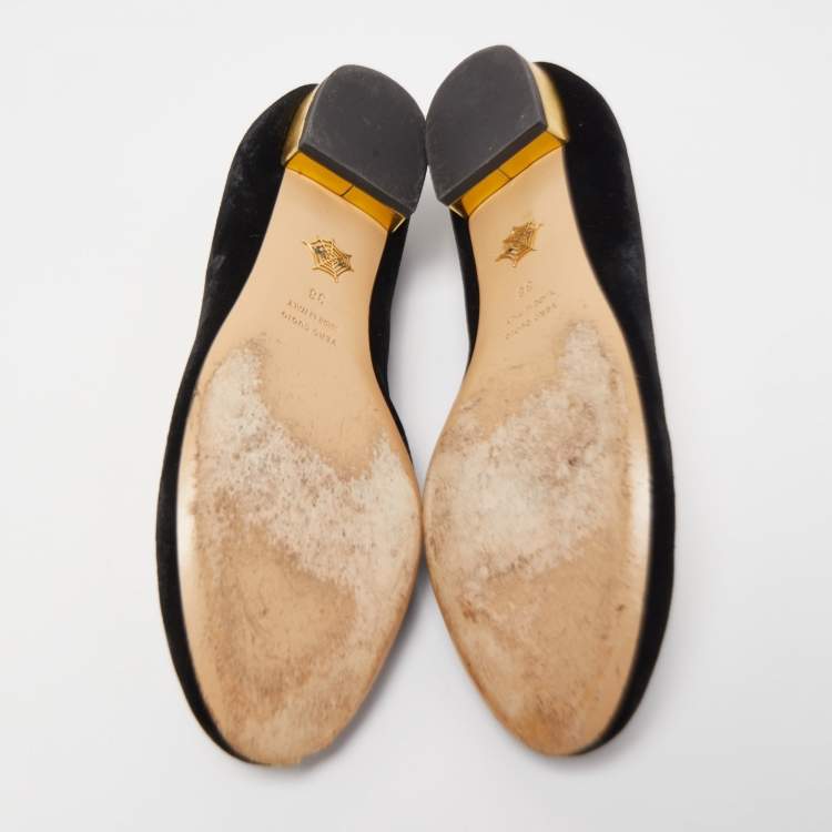 مملوكة مسبقًا Charlotte Olympia Black Velvet Kitty Ballet Flats Size 38