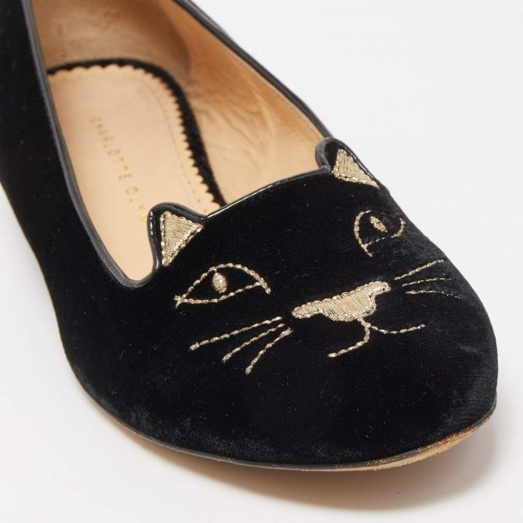 مملوكة مسبقًا Charlotte Olympia Black Velvet Kitty Ballet Flats Size 38