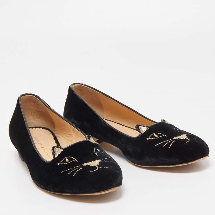 مملوكة مسبقًا Charlotte Olympia Black Velvet Kitty Ballet Flats Size 38