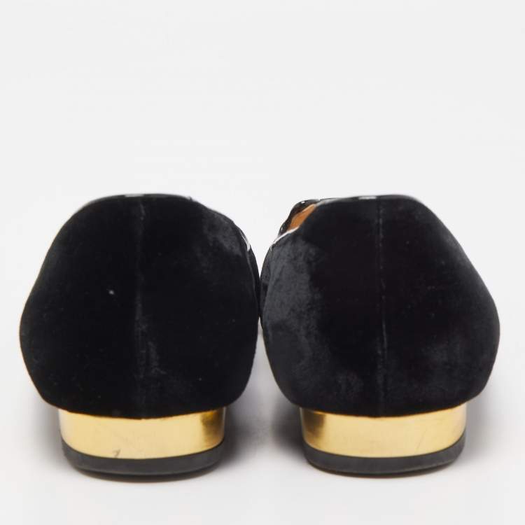 مملوكة مسبقًا Charlotte Olympia Black Velvet Kitty Ballet Flats Size 38