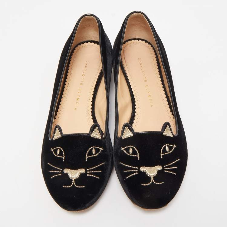 مملوكة مسبقًا Charlotte Olympia Black Velvet Kitty Ballet Flats Size 38