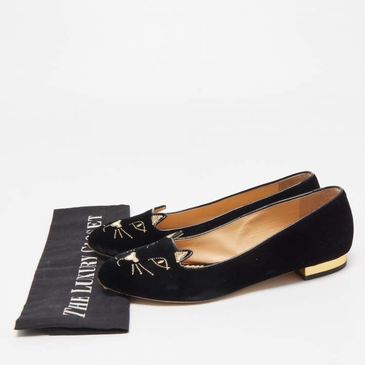 مملوكة مسبقًا Charlotte Olympia Black Velvet Kitty Ballet Flats Size 38