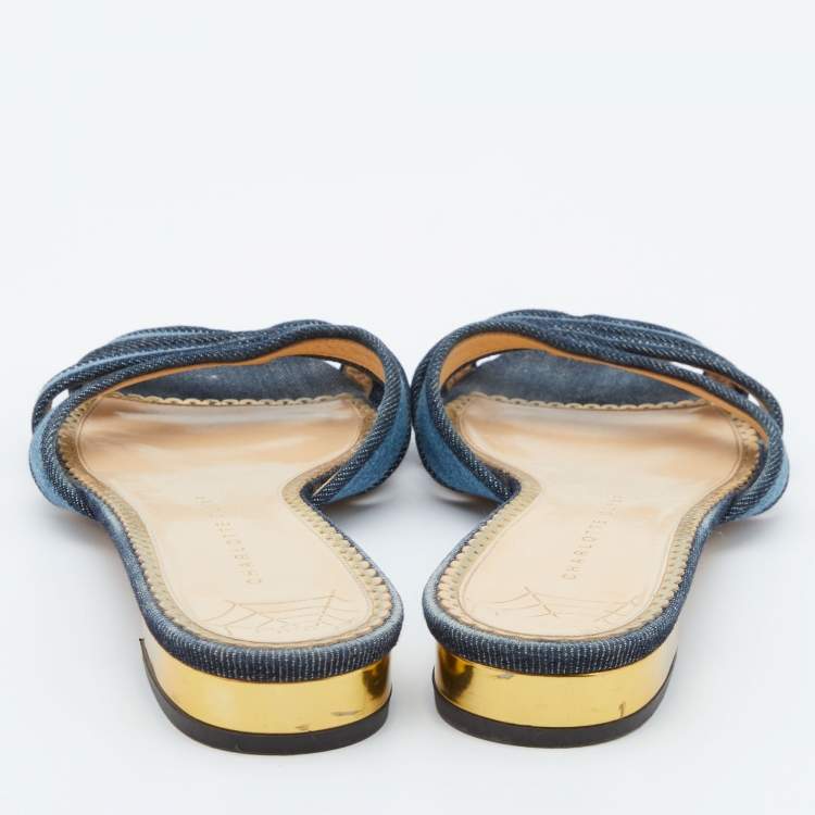 Pre Owned Charlotte Olympia Blue Denim Flat Slides Size 39