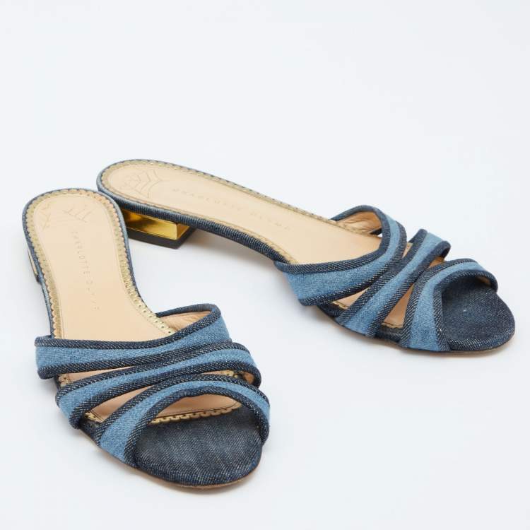 Pre Owned Charlotte Olympia Blue Denim Flat Slides Size 39