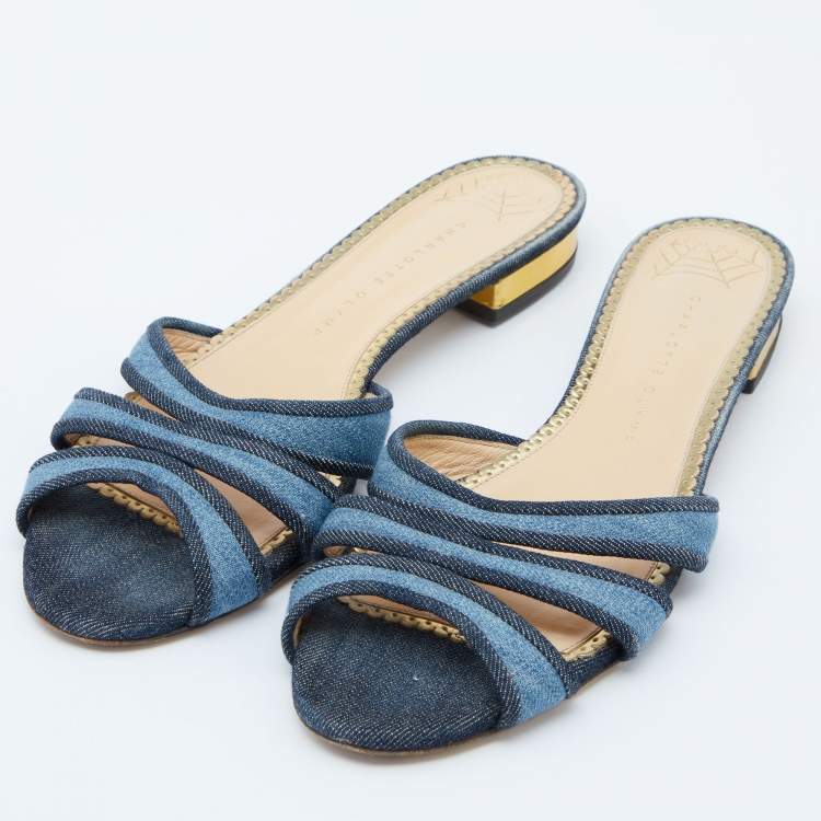 Pre Owned Charlotte Olympia Blue Denim Flat Slides Size 39