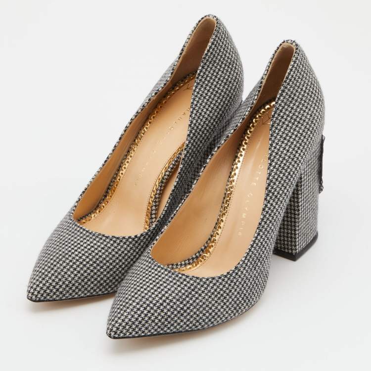 Pre Owned Charlotte Olympia Black/White Fabric Block Heel Pumps Size 38