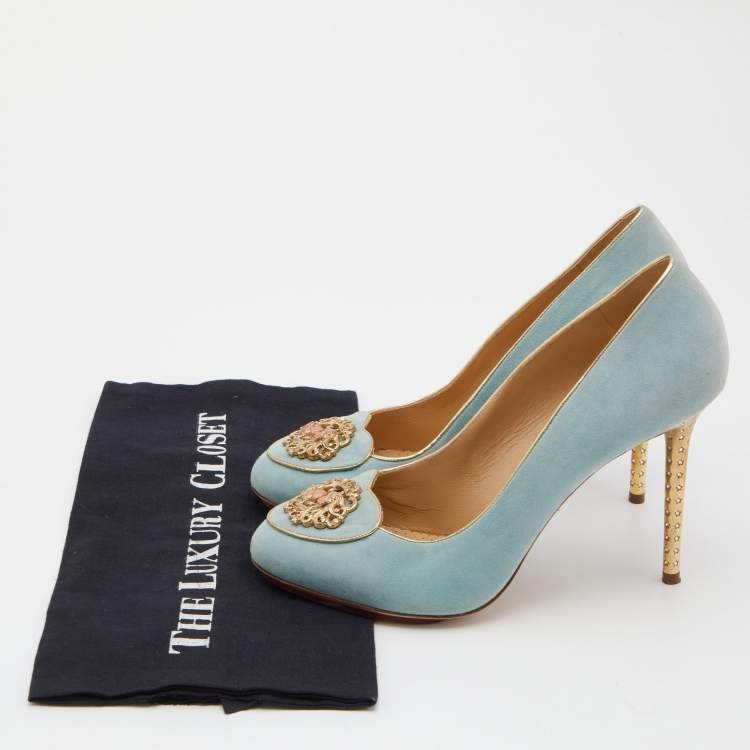 مملوكة مسبقًا Charlotte Olympia Green/Gold Suede Birthday Zodiac Gemin Pump Size 40