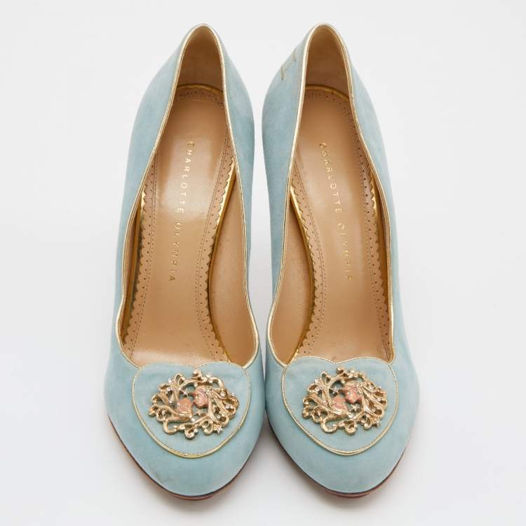 مملوكة مسبقًا Charlotte Olympia Green/Gold Suede Birthday Zodiac Gemin Pump Size 40