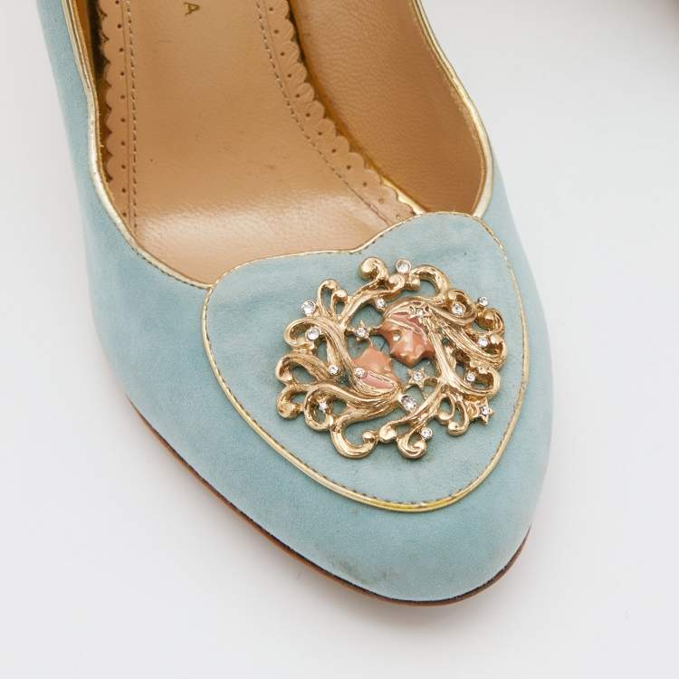 مملوكة مسبقًا Charlotte Olympia Green/Gold Suede Birthday Zodiac Gemin Pump Size 40