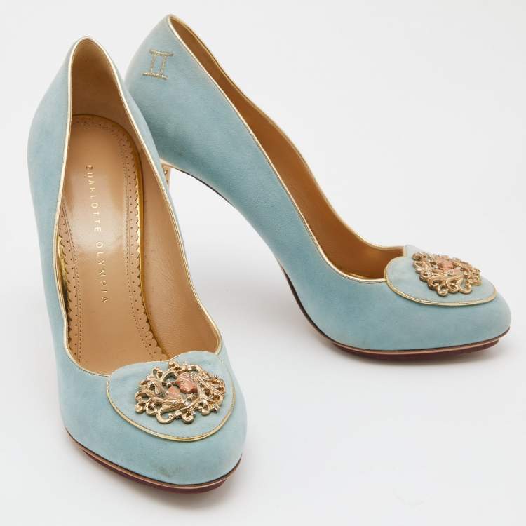 مملوكة مسبقًا Charlotte Olympia Green/Gold Suede Birthday Zodiac Gemin Pump Size 40