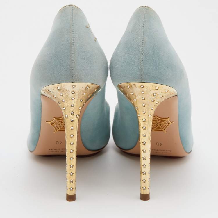 مملوكة مسبقًا Charlotte Olympia Green/Gold Suede Birthday Zodiac Gemin Pump Size 40