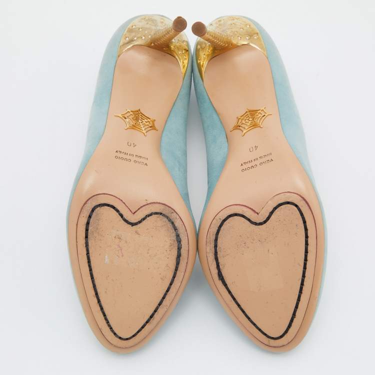 مملوكة مسبقًا Charlotte Olympia Green/Gold Suede Birthday Zodiac Gemin Pump Size 40