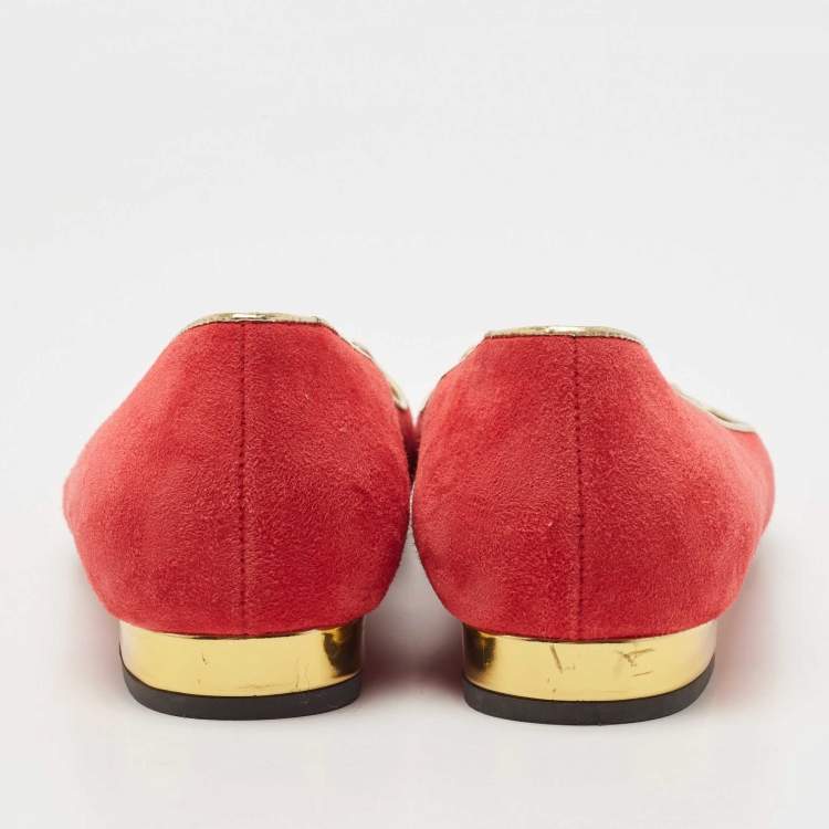 Pre Owned Charlotte Olympia Red Suede Embroidered Kitty Ballet Flats Size 39