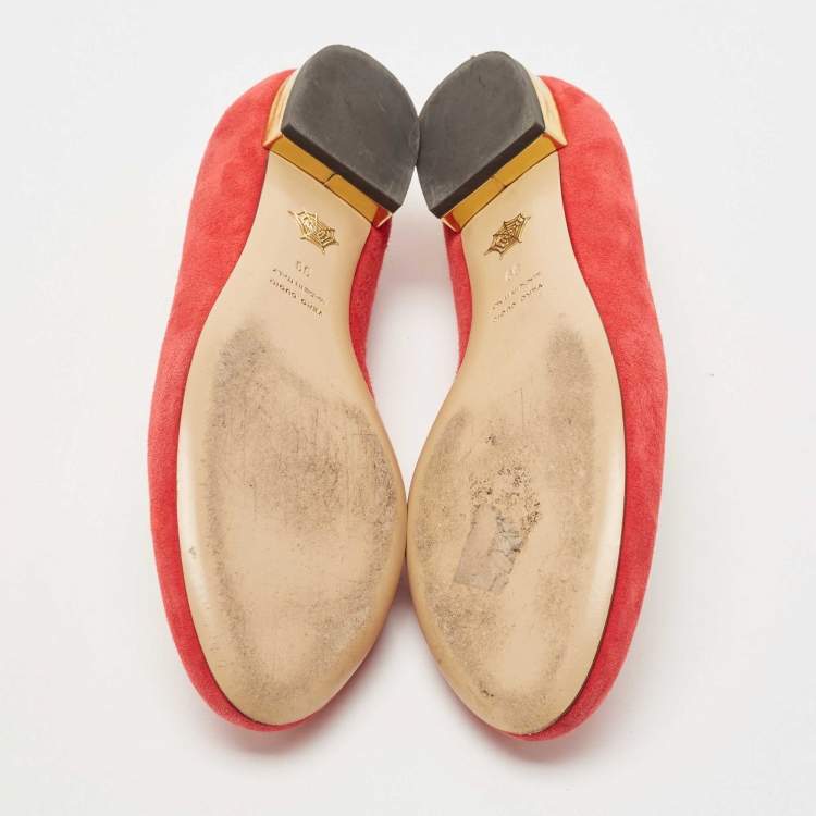 Pre Owned Charlotte Olympia Red Suede Embroidered Kitty Ballet Flats Size 39