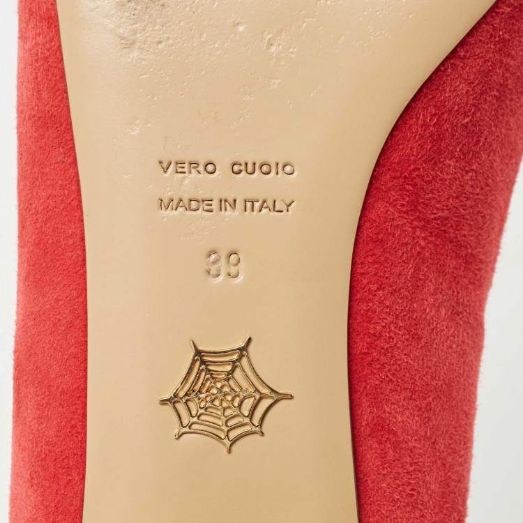 Pre Owned Charlotte Olympia Red Suede Embroidered Kitty Ballet Flats Size 39