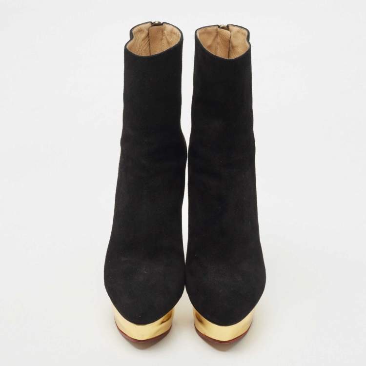 Pre Owned Charlotte Olympia Black Suede Platform Ankle Booties Size 39