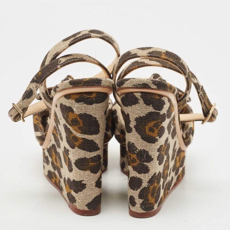 Pre Owned Charlotte Olympia Beige/Brown Leopard Canvas Bow Platform Ankle Strap Wedge Sandals Size 38.5