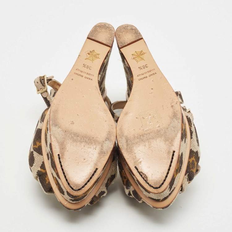Pre Owned Charlotte Olympia Beige/Brown Leopard Canvas Bow Platform Ankle Strap Wedge Sandals Size 38.5