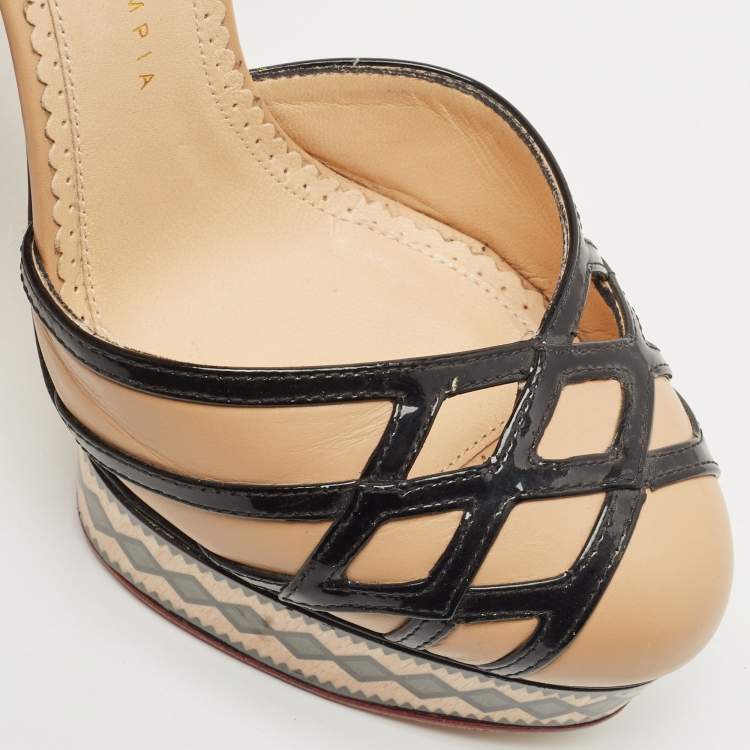 Pre Owned Charlotte Olympia Beige/Black Leather Cut Out Platform Ankle Strap Block Heel Pumps Size 39