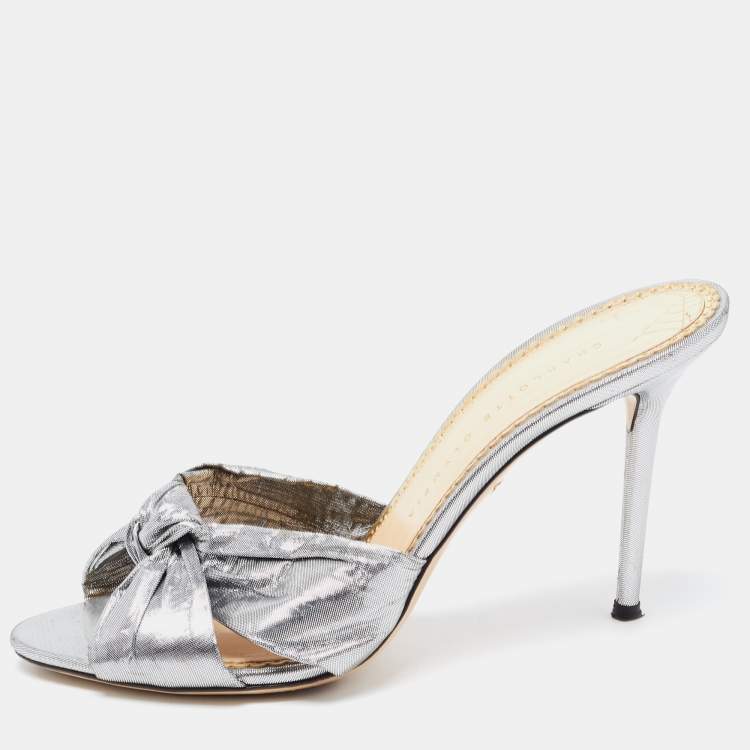 Pre Owned Charlotte Olympia Silver Fabric Knot Sandals Size 40