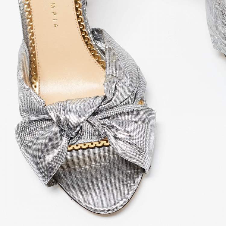 Pre Owned Charlotte Olympia Silver Fabric Knot Sandals Size 40