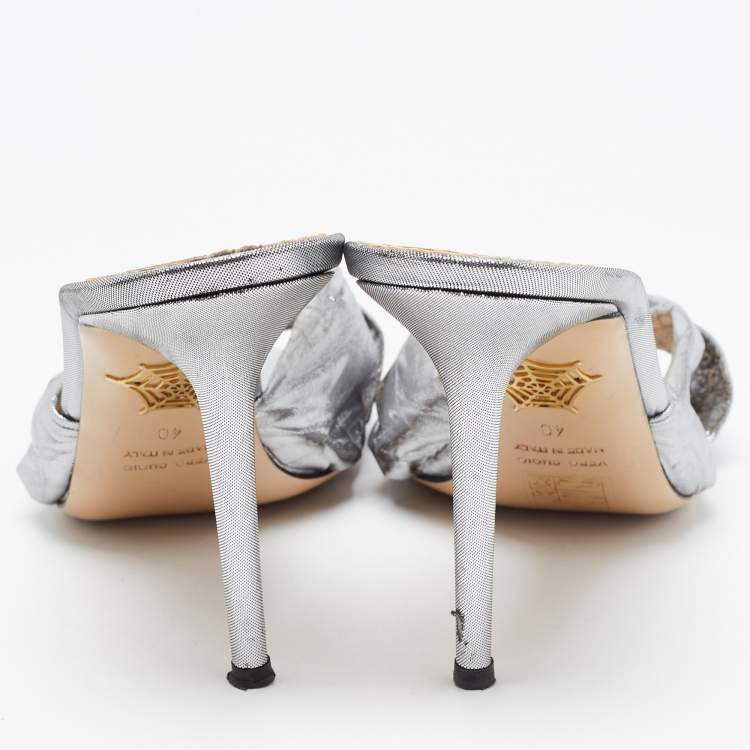Pre Owned Charlotte Olympia Silver Fabric Knot Sandals Size 40