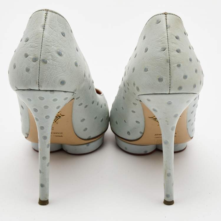 Pre Owned Charlotte Olympia Light Blue Embossed Ostrich Leather Debbie Pumps Size 39