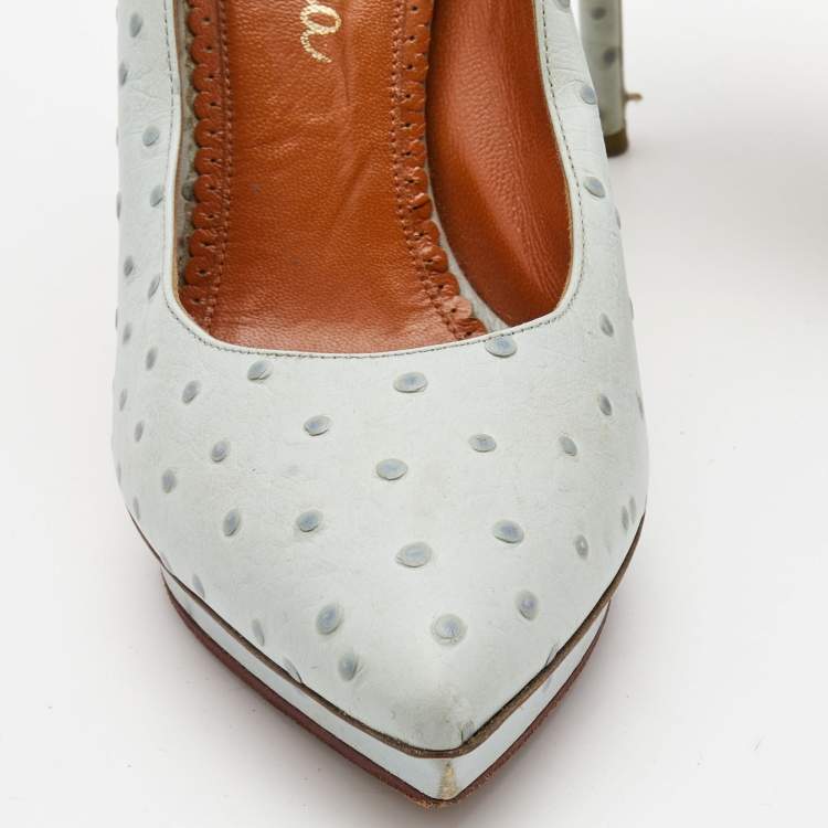 Pre Owned Charlotte Olympia Light Blue Embossed Ostrich Leather Debbie Pumps Size 39