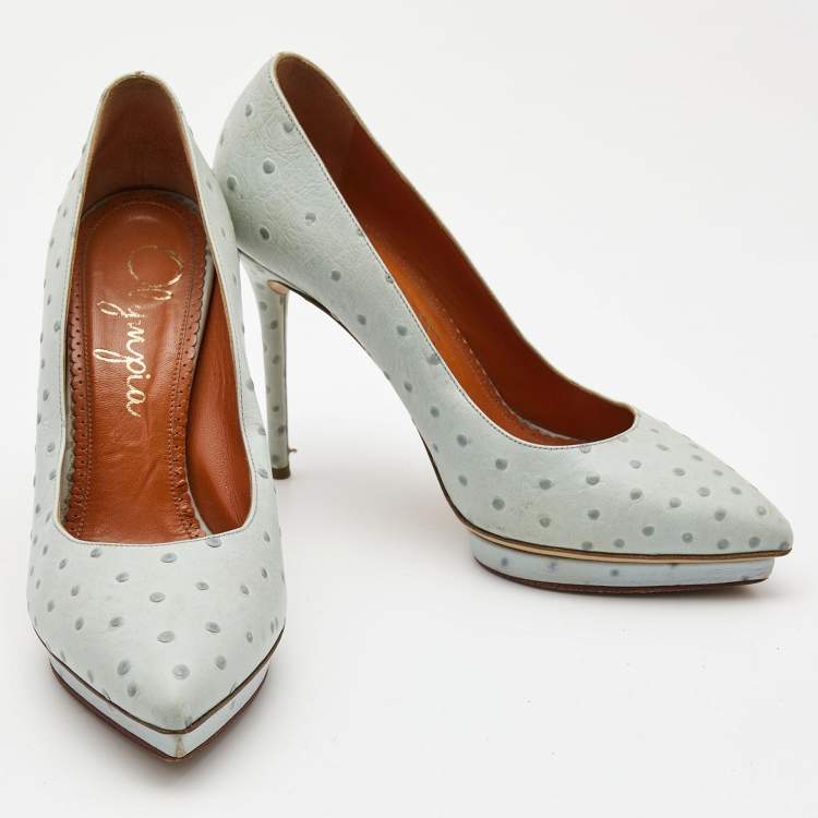 Pre Owned Charlotte Olympia Light Blue Embossed Ostrich Leather Debbie Pumps Size 39