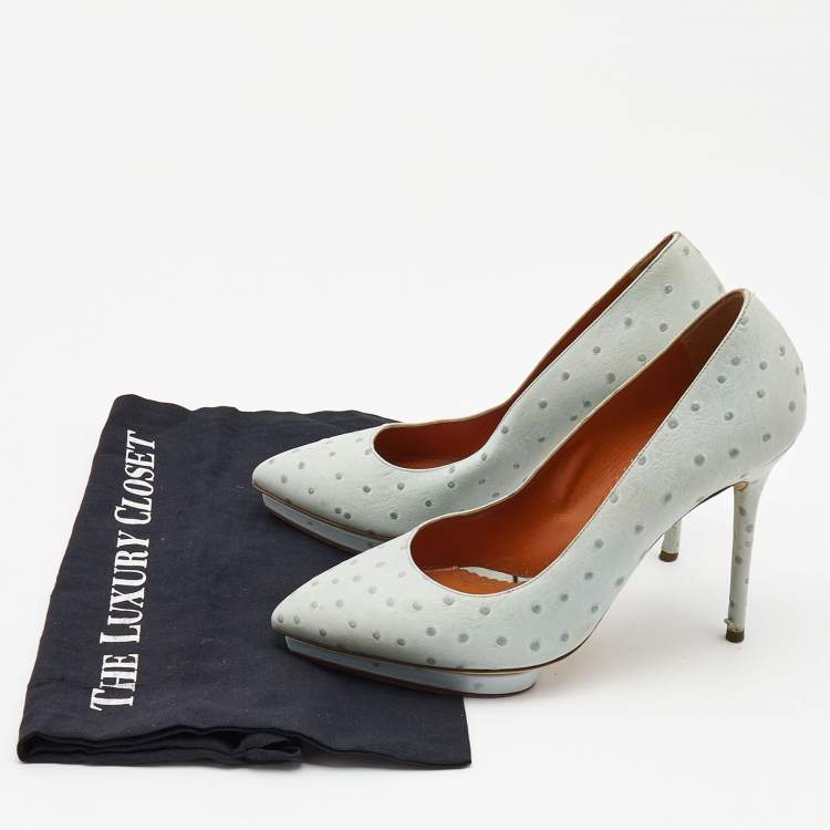 Pre Owned Charlotte Olympia Light Blue Embossed Ostrich Leather Debbie Pumps Size 39