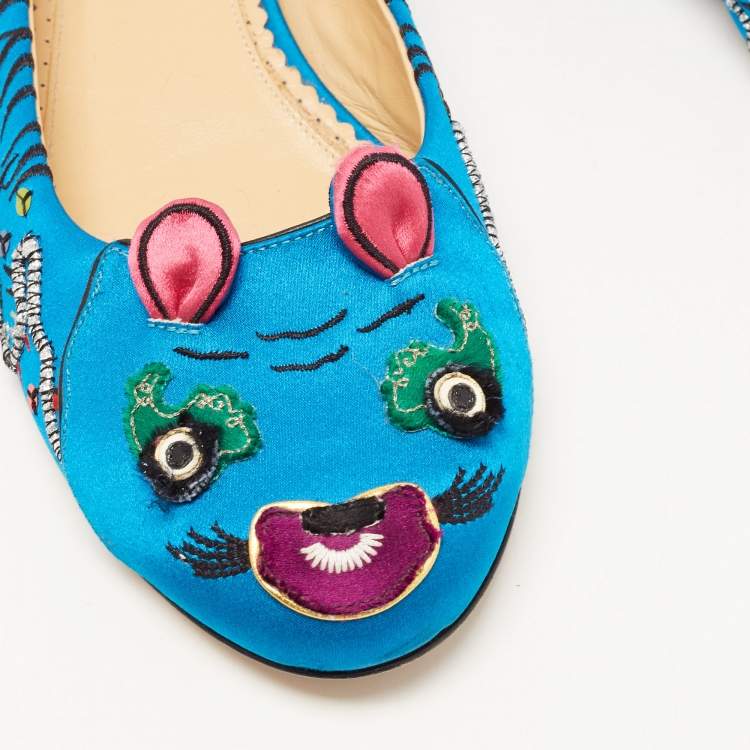 Pre Owned Charlotte Olympia Multicolor Satin Crouching Tiger Loafers Size 41
