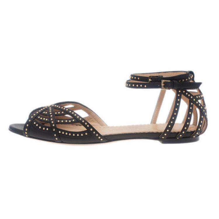 Pre Owned Charlotte Olympia Black Studded Leather Octavia Strappy Sandals Size 35.5