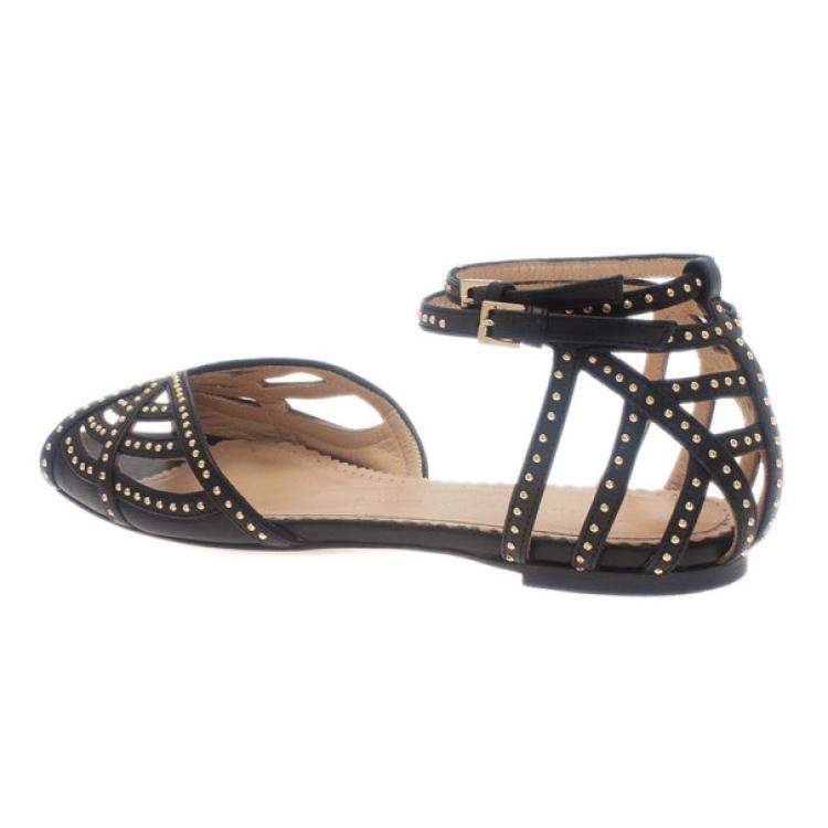 Pre Owned Charlotte Olympia Black Studded Leather Octavia Strappy Sandals Size 35.5