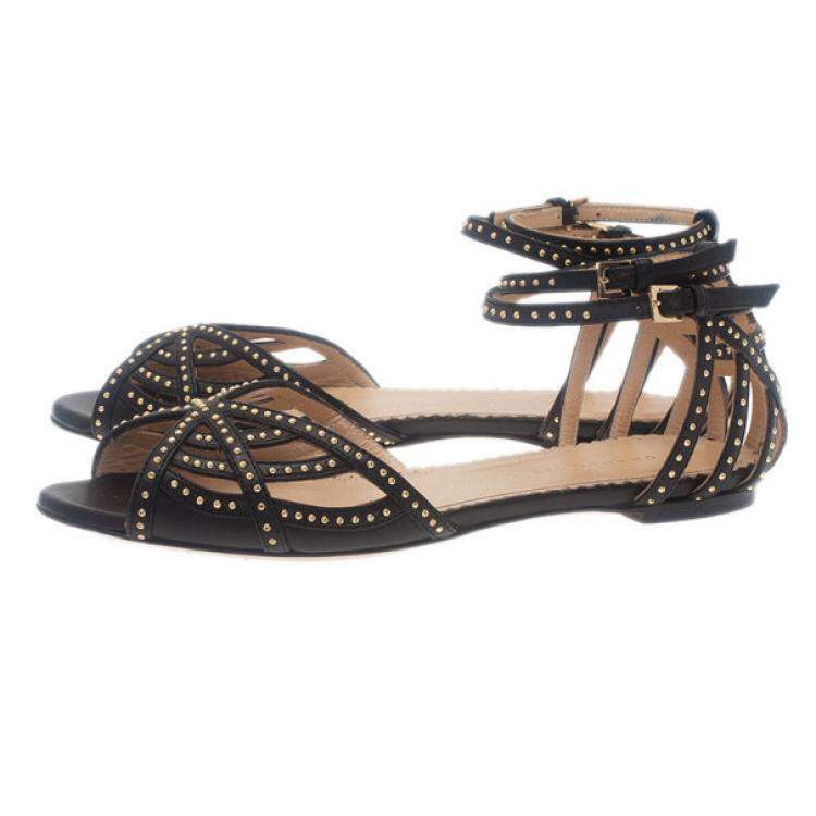 Pre Owned Charlotte Olympia Black Studded Leather Octavia Strappy Sandals Size 35.5