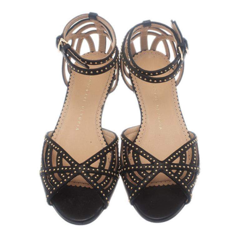Pre Owned Charlotte Olympia Black Studded Leather Octavia Strappy Sandals Size 35.5