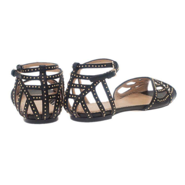 Pre Owned Charlotte Olympia Black Studded Leather Octavia Strappy Sandals Size 35.5