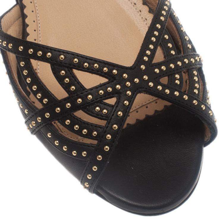 Pre Owned Charlotte Olympia Black Studded Leather Octavia Strappy Sandals Size 35.5