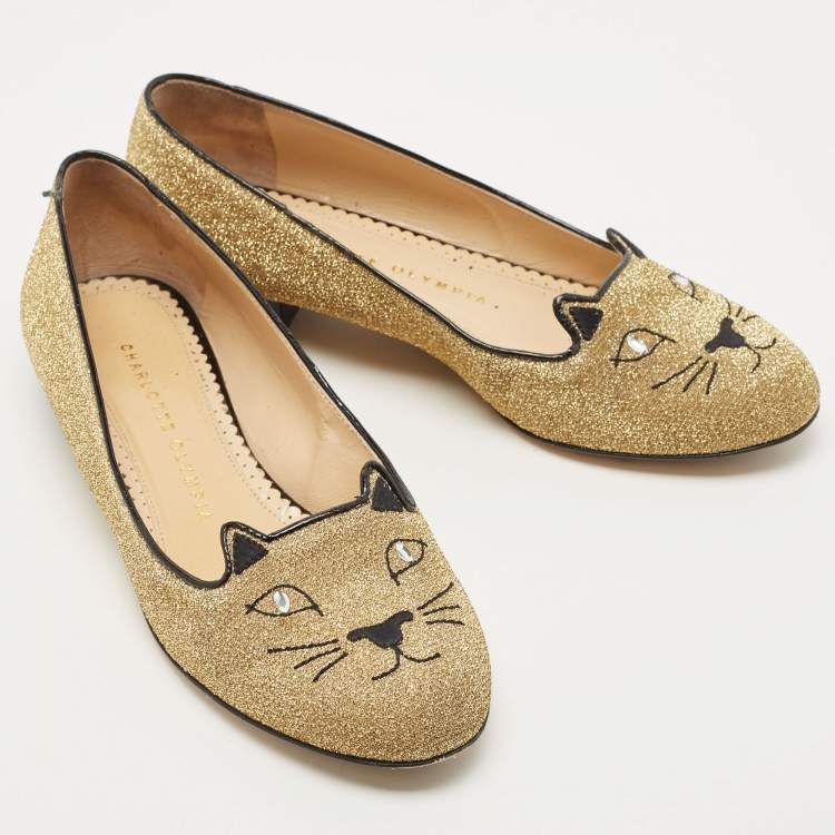 Pre Owned Charlotte Olympia Gold/Black Lurex Fabric and Patent Leather Kitty Ballet Flats Size 36