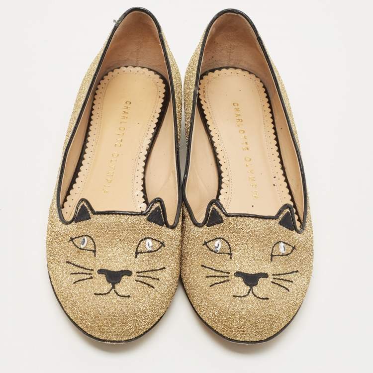 Pre Owned Charlotte Olympia Gold/Black Lurex Fabric and Patent Leather Kitty Ballet Flats Size 36