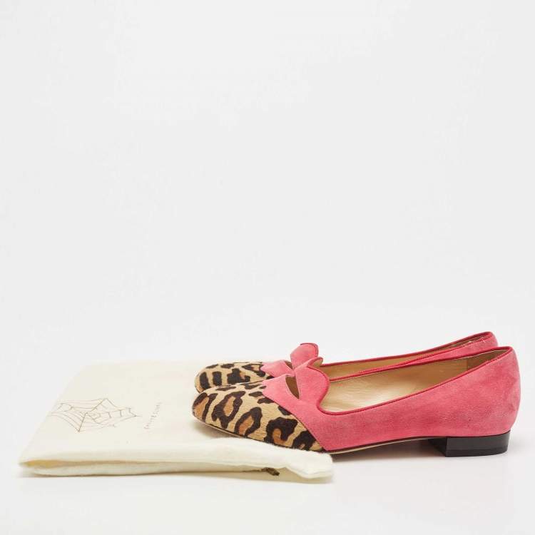 Pre Owned Charlotte Olympia Pink/Brown Suede and Calf Hair Smoking Loafers Size 36