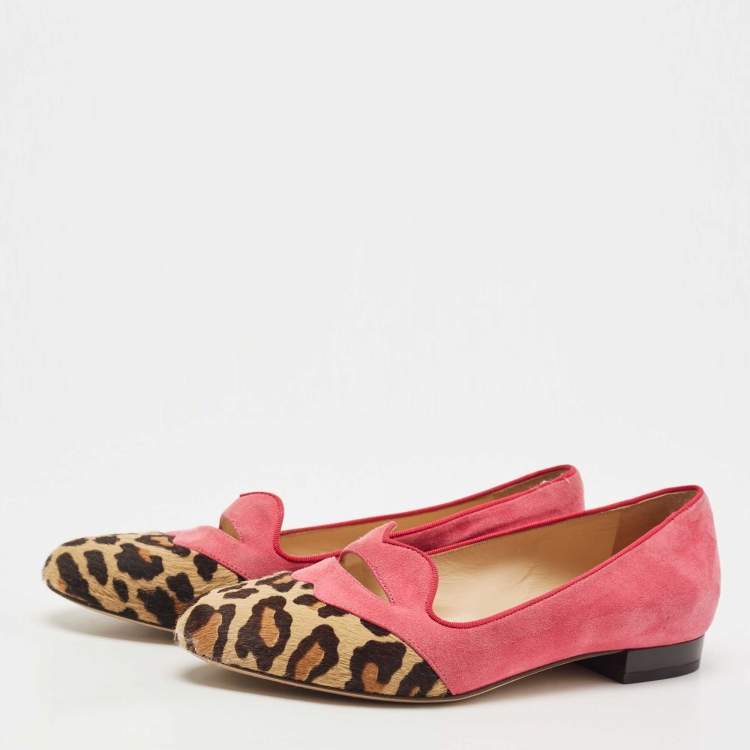 Pre Owned Charlotte Olympia Pink/Brown Suede and Calf Hair Smoking Loafers Size 36