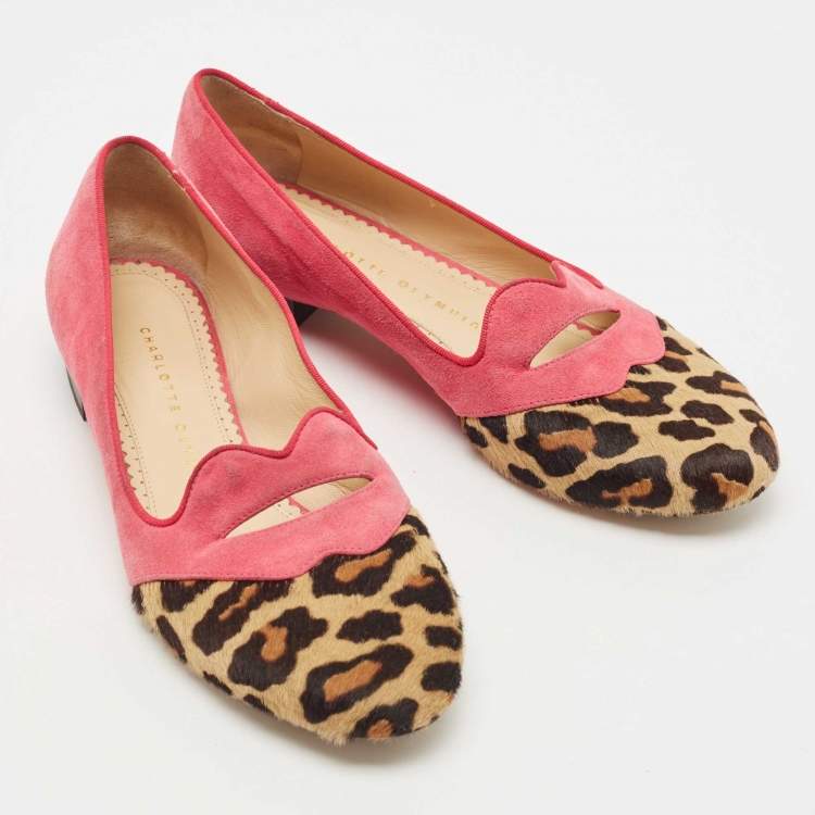 Pre Owned Charlotte Olympia Pink/Brown Suede and Calf Hair Smoking Loafers Size 36