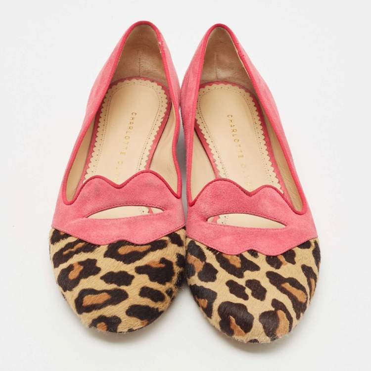 Pre Owned Charlotte Olympia Pink/Brown Suede and Calf Hair Smoking Loafers Size 36