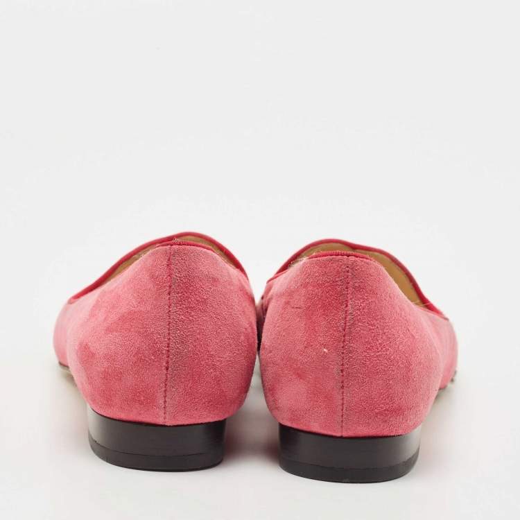 Pre Owned Charlotte Olympia Pink/Brown Suede and Calf Hair Smoking Loafers Size 36