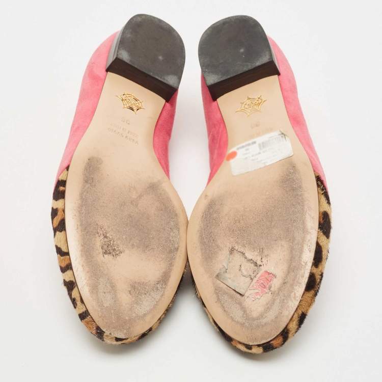 Pre Owned Charlotte Olympia Pink/Brown Suede and Calf Hair Smoking Loafers Size 36