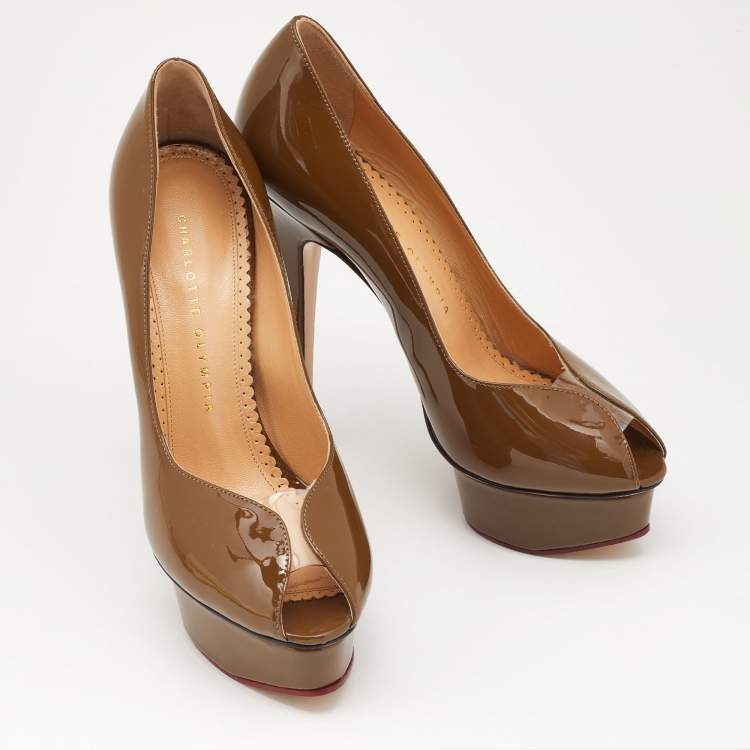 Pre Owned Charlotte Olympia Olive Green Patent Leather Peep Toe Platform Pumps Size 37